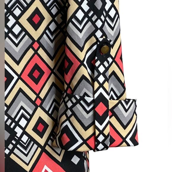 Cocomo Black, White, Coral & Khaki Geometric Patterned Tunic w/ Rolled Sleeves S - Picture 3 of 5